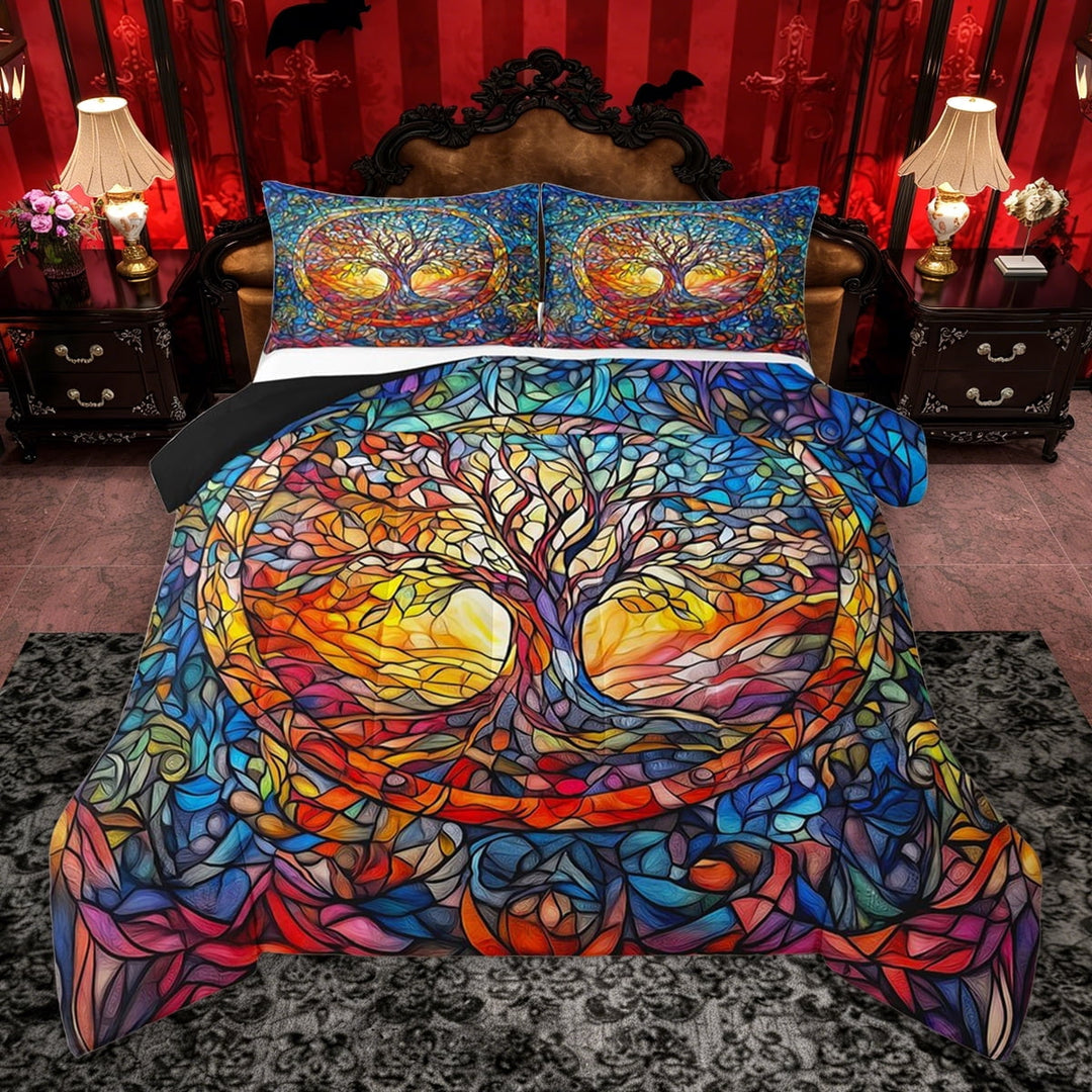 Erosebridal Boho Tree of Life Queen Comforter Set, Aesthetic Stained Glass Bedding Comforter Set, Black Reversible, 1 Comforter and 2 Pillowcases