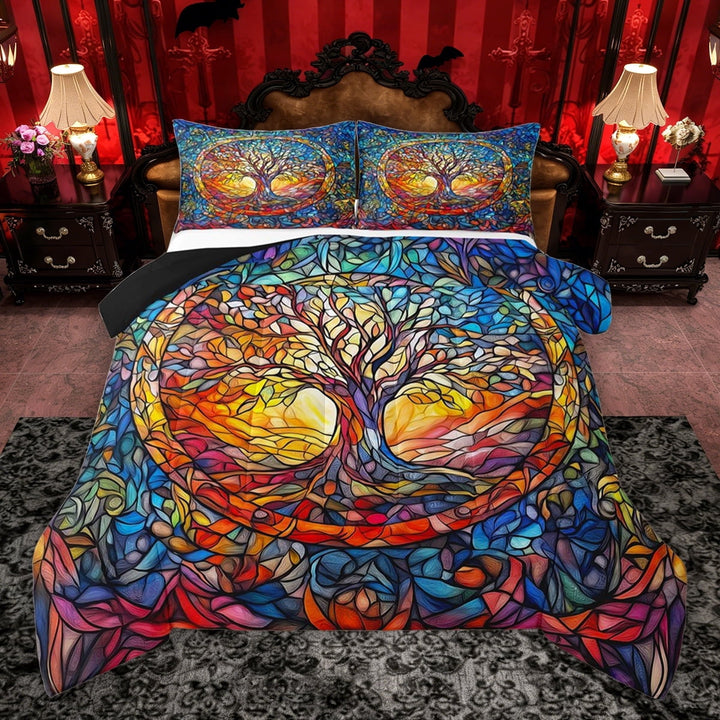 Erosebridal Boho Tree of Life Queen Comforter Set, Aesthetic Stained Glass Bedding Comforter Set, Black Reversible, 1 Comforter and 2 Pillowcases