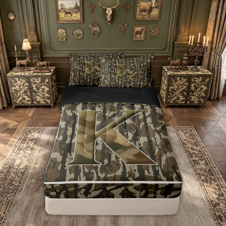 meiyoeat Camouflage Letter K Print Zipper Twin Comforter Sets with Fitted Sheet and 2 Pillowcases for Men Women, Rustic Camouflage Branches Zipper Bedding Set, Black Reversible, 4pcs