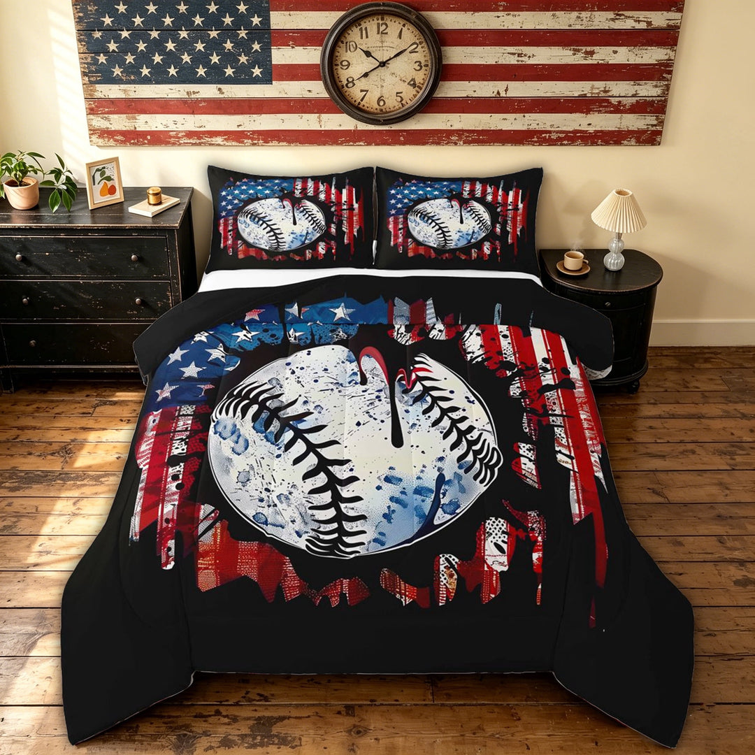 meiyoeat Vintage Grunge Baseball Full Size Comforter Sets for Boys, American Flag Splash Drip Bedding Comforter Set, Black Reversible, 3pcs, 1 Comforter and 2 Pillowcases