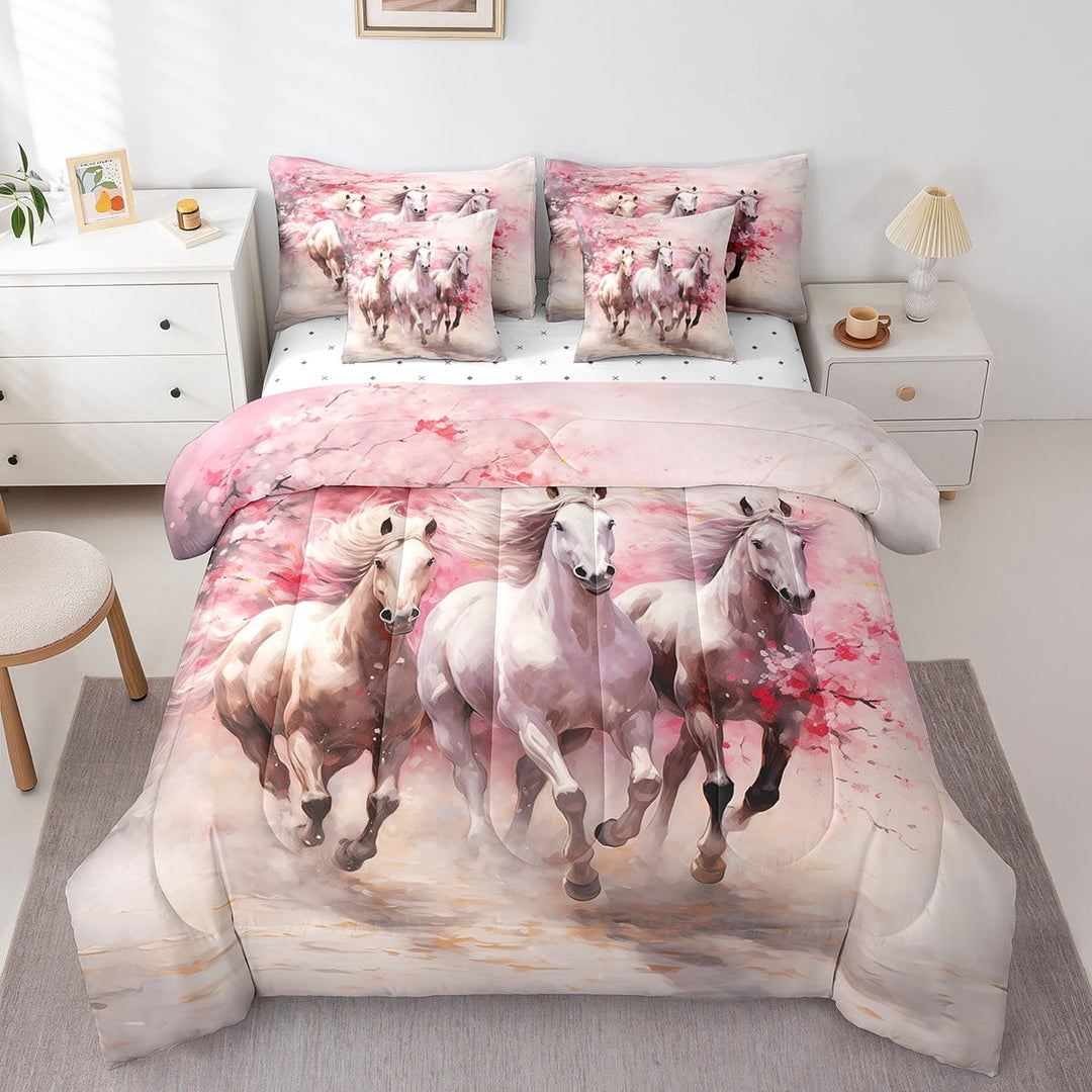 Erosebridal Galloping Horse Twin Comforter Set 7-Piece White Horse Animal Bedding Sets,Girly Pink Floral Bed In A Bag Rustic Farmhouse Wildlife Sheet Set With Comforter Room Decor