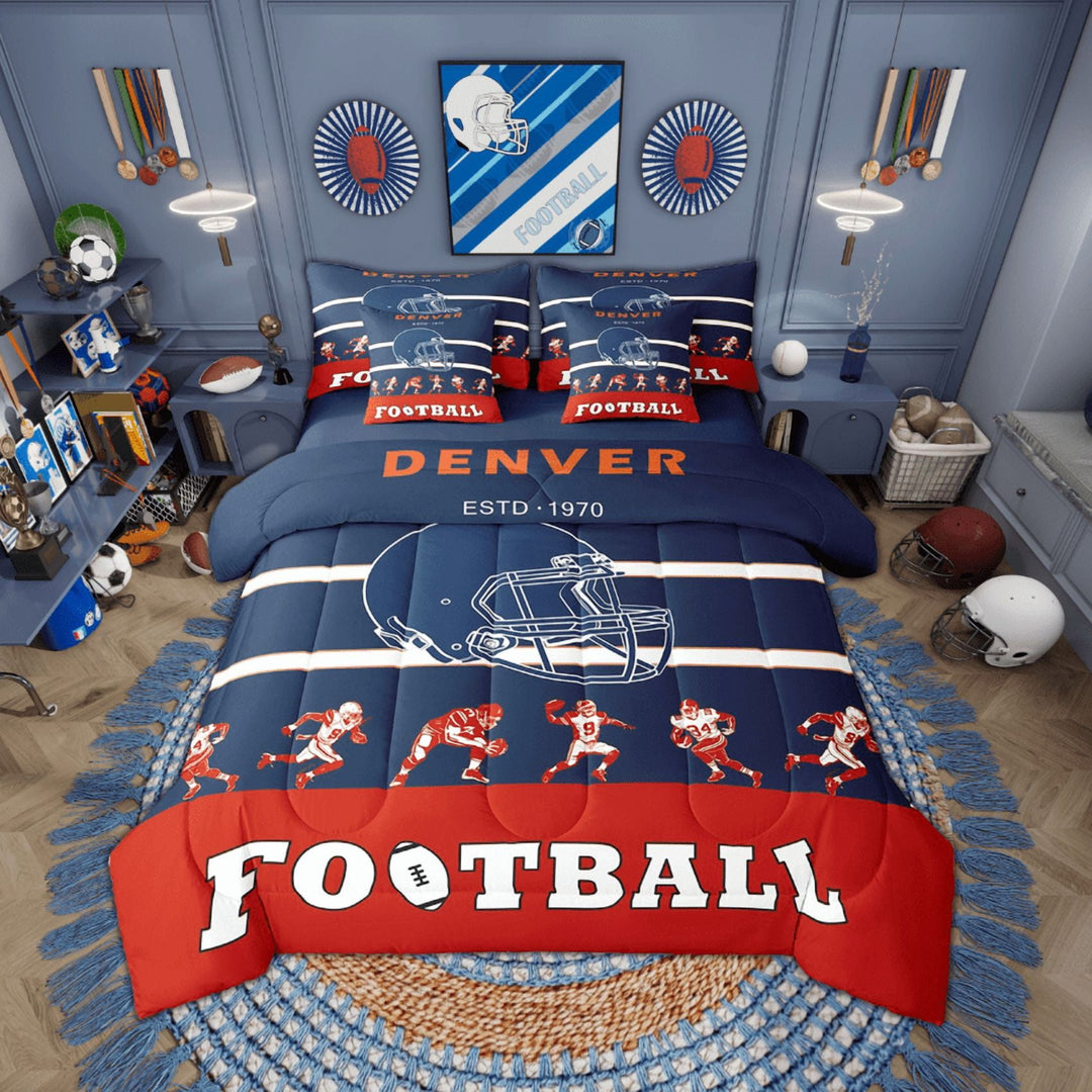 Football 7 Piece Bedding Sets Football Comforter Bed in a Bag Sports Printed Quilt with Sheet Set, Teen Bedroom Decor,Twin 7Pcs(Denver)