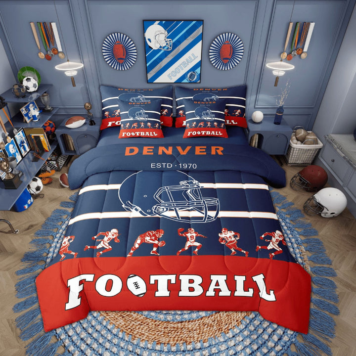 Football 7 Piece Bedding Sets Football Comforter Bed in a Bag Sports Printed Quilt with Sheet Set, Teen Bedroom Decor,Twin 7Pcs(Denver)