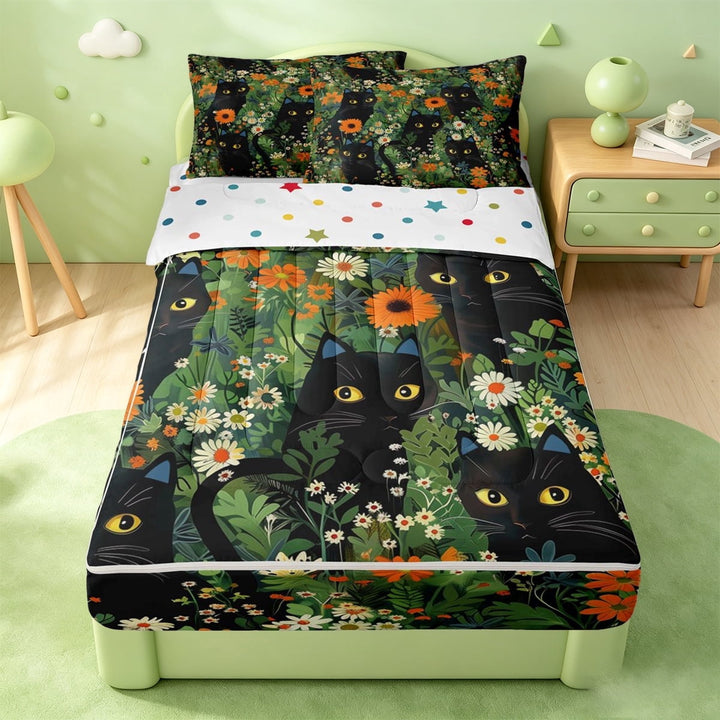 meiyoeat Cartoon Black Kitten Zipper Twin Comforter Sets with Fitted Sheet and 2 Pillowcases,Spring Garden Flowers Sunflower Zipper Bedding Set For Girls,Polkadot Reversible,4-Piece