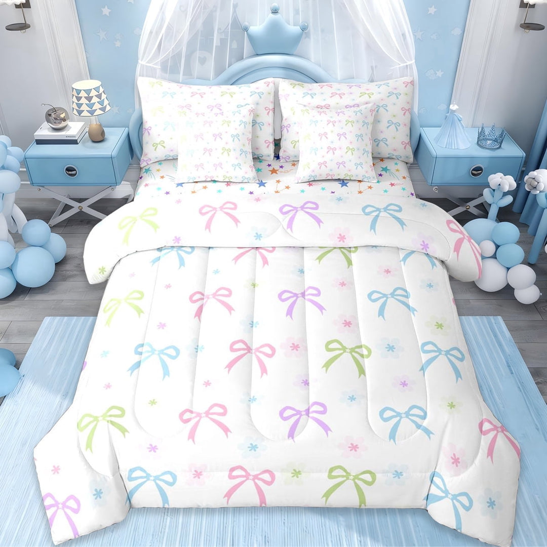 Erosebridal Colorful Bowknots 7-Piece Twin Bedding Sets For Girl Kids,Rainbow Dreamy Princess Bows Bedding Comforter Set For Bowtie Lovers,Reversible