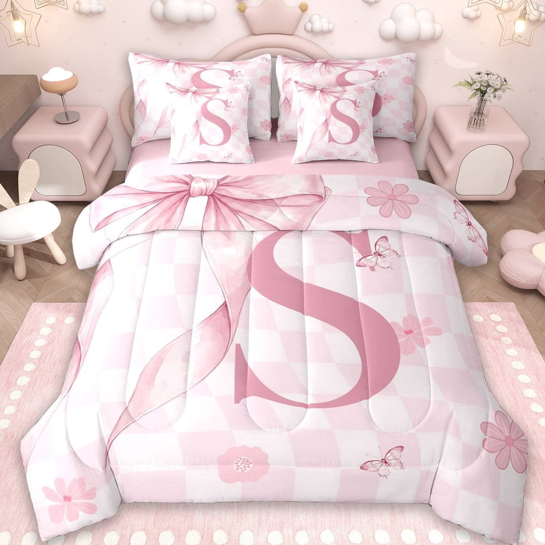 Erosebridal Girl Personalized Gifts 7-Piece Twin Bedding Sets,Alphabet S Bedding Comforter Set For Kids,Reversible pink