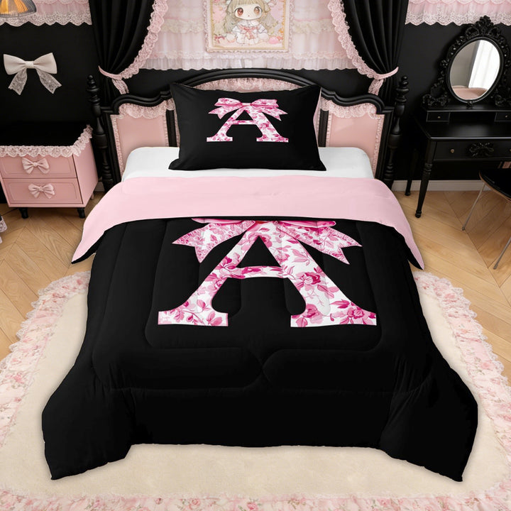 Erosebridal Floral Bow Letter A Twin Comforter Sets for Girls, Pink Initial Ribbon Bedding Set, Reversible, 2-Piece
