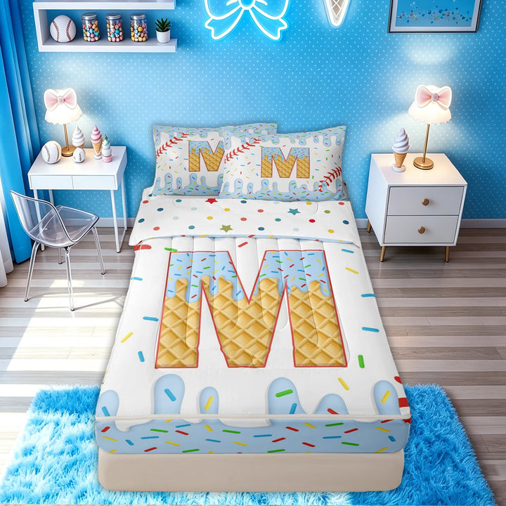 meiyoeat Sprinkle Ice Cream Baseball Zipper Twin Comforter Sets with Fitted Sheet and 2 Pillowcases for Boys Girls Kids, Chic Sprot Monogram M Zipper Bedding Set, Blue, Polkadot Reversible, 4pcs