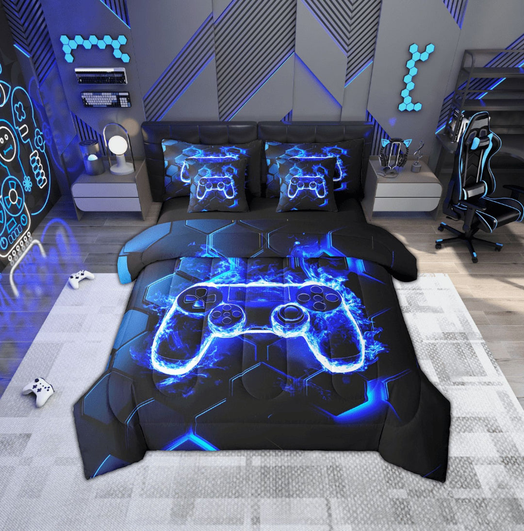 Erosebridal Gradient Gamepads Bedding Sets Twin Size,Video Game Comforter Sets with Sheets,Geometric Hexagon Bed in a Bag Twin size,Breathable Gamer Room Decor,Reversible,7-Piece