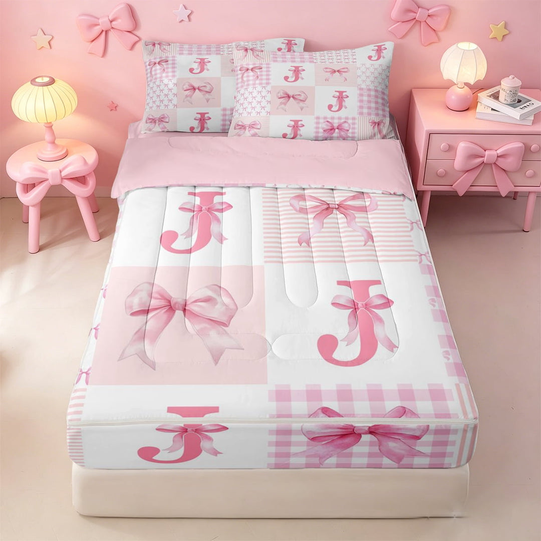 meiyoeat Pink Cute Bow Zipper Full Size Comforter Sets with Fitted Sheet and 2 Pillowcases For Girls,Ribbon Bowknot Monogrammed J Zipper Bedding Set For Kids,Pink Reversible,4-Piece