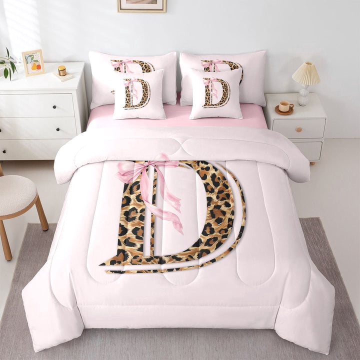 Erosebridal Monogrammed D Twin Bedding Sets for Kids, Pink Cheetah Print Bedding Comforter Set, 7-Piece
