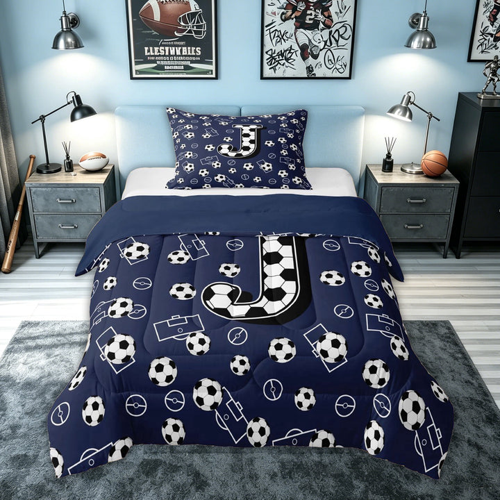 meiyoeat Soccer Letter J Full Size Comforter Sets for Kids, Sports Football Bedding Comforter Set for Kids, Navy Blue, Blue Reversible, 3 Pieces, 1 Comforter and 2 Pillowcases