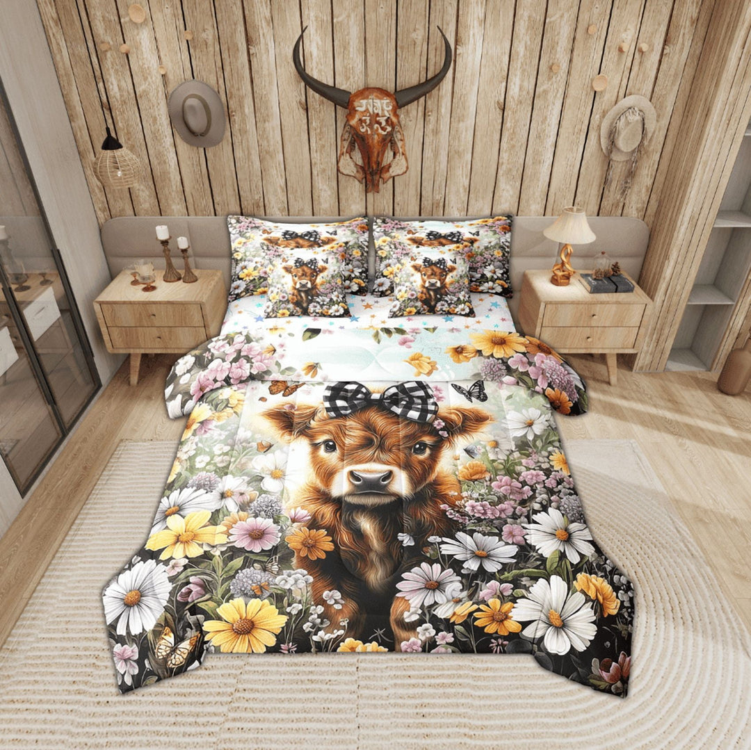 Erosebridal Cute Highland Cow Bed in a Bag Twin Size, Colorful Garden Flower Bed Set, Reversible 7 Pieces