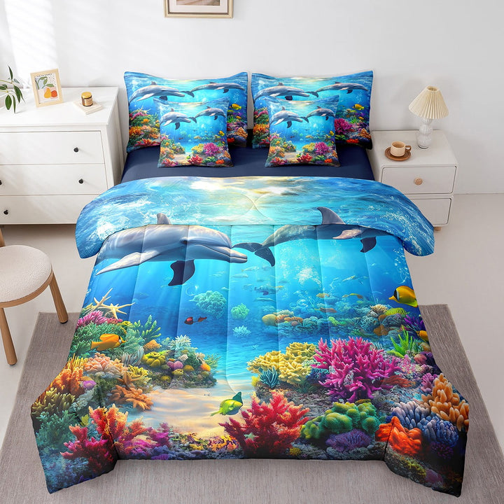 Erosebridal Dolphin Comforter Set Twin 7 Pcs Kawaii Ocean Animal Fish Ocean Marine Sea Creatures Theme Bedding Set Underwater World Bed in a Bag with Comforter,Sheets