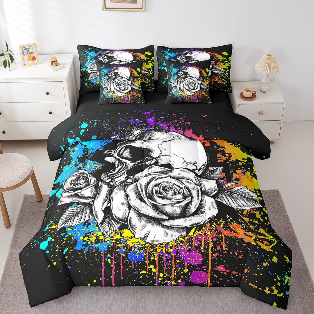 Sugar Skull Bed In A Bag Full Gothic Floral Skull Sketch Comforter Set 7 Piece Adults,Colorful Tie Dye Bedding Set Graffiti Hippie Skull Bed Sheets Set With Comforter