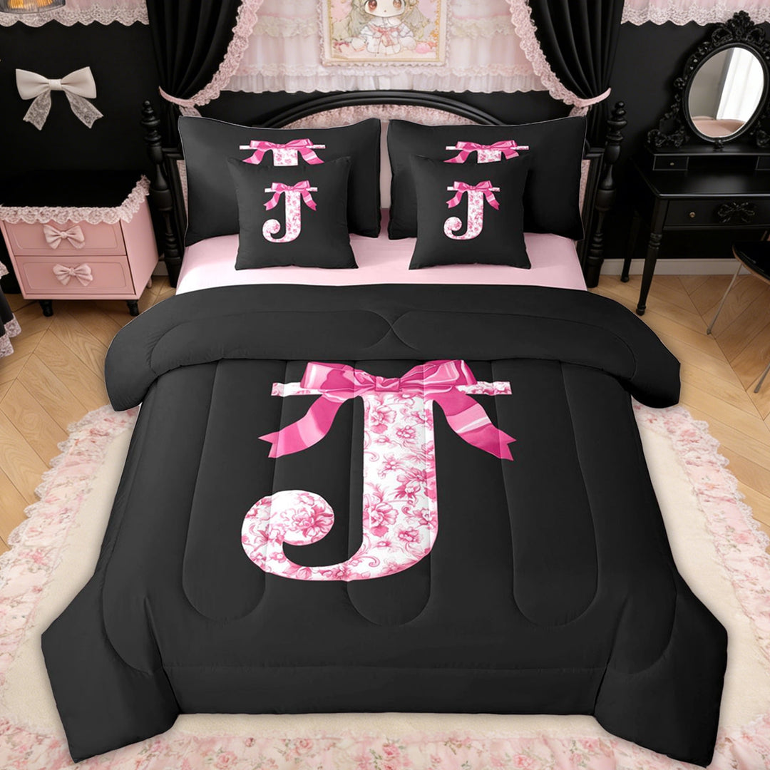 Erosebridal Pink Floral Letter J Bow Twin Bedding Sets for Girls Women, Princess Bowknot Bedding Comforter Set, Reversible, 7-Piece