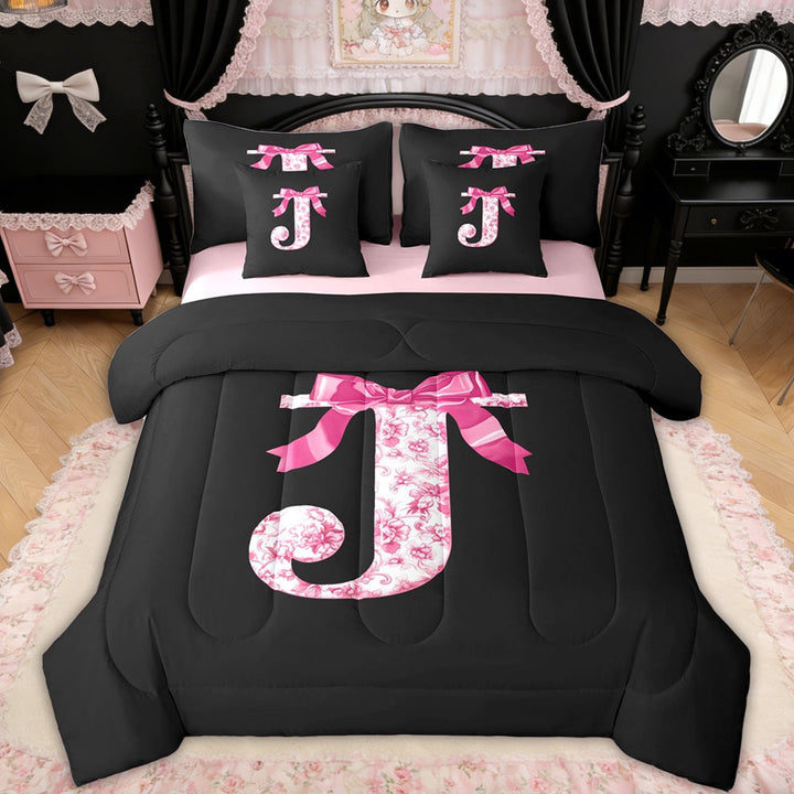 Erosebridal Pink Floral Letter J Bow Twin Bedding Sets for Girls Women, Princess Bowknot Bedding Comforter Set, Reversible, 7-Piece