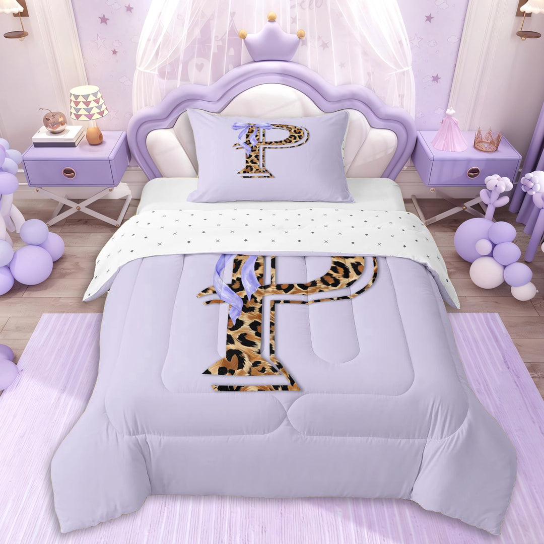 Erosebridal Cheetah Print Personalized P Initial Twin Comforter Sets 3-Piece,Kawaii Ribbon Bowtie Bedding Set For Teens Girls,Microfiber Bedroom Decor