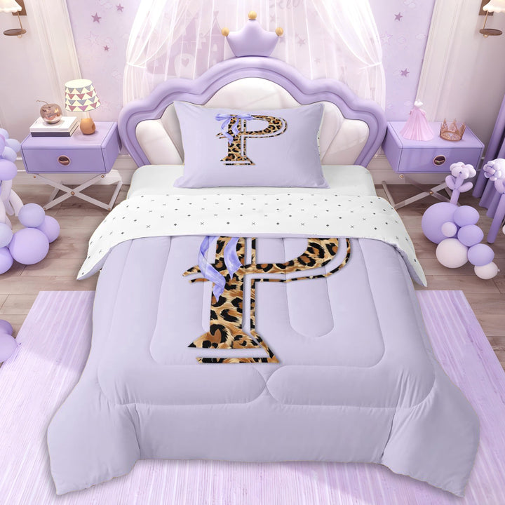 Erosebridal Cheetah Print Personalized P Initial Twin Comforter Sets 3-Piece,Kawaii Ribbon Bowtie Bedding Set For Teens Girls,Microfiber Bedroom Decor
