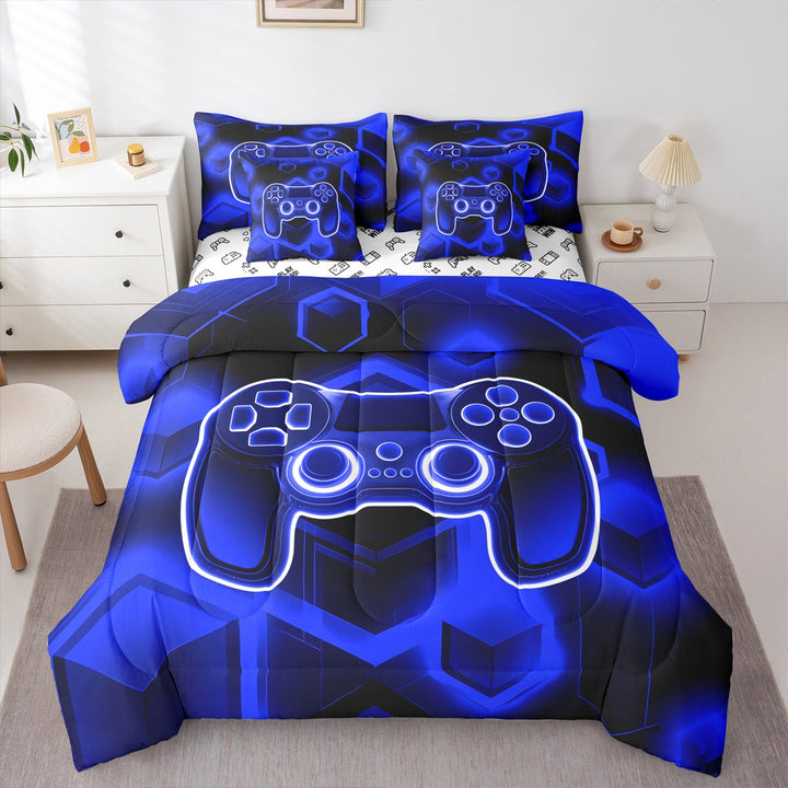 Erosebridal Blue Gamer Bedding Sets Twin Size,Geometric Gamepads Comforter Sets with Sheets,Video Game Bed in a Bag Twin size,Lightweight Gradient Bedroom Decoration,Reversible,7-Piece