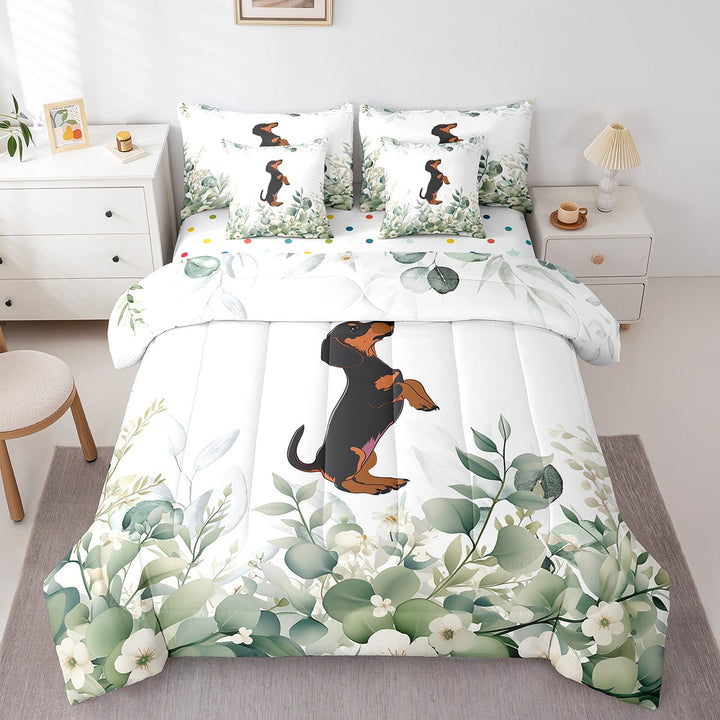 Erosebridal Cute Dachshund Bedding Comforter Sets 7pcs Green Eucalyptus Bed in a Bag, Pet Animal Twin Bedding Sets Botanical Plant Leaves Comforter Set, Cartoon Dog Bedding Sets