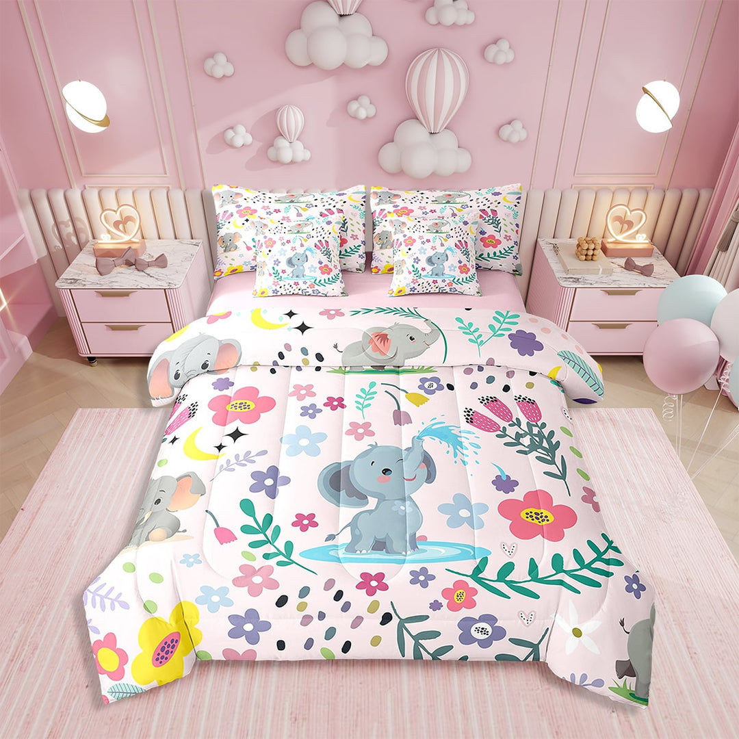 Twin Comforter Set 7 Pieces, All Season Reversible Bed in a Bag Twin,Ultra Soft Twin Bedding Set with Elephant Comforter, Flat Sheet, Fitted Sheet, Pillowcases, Pillow Shams (Pink, Twin)