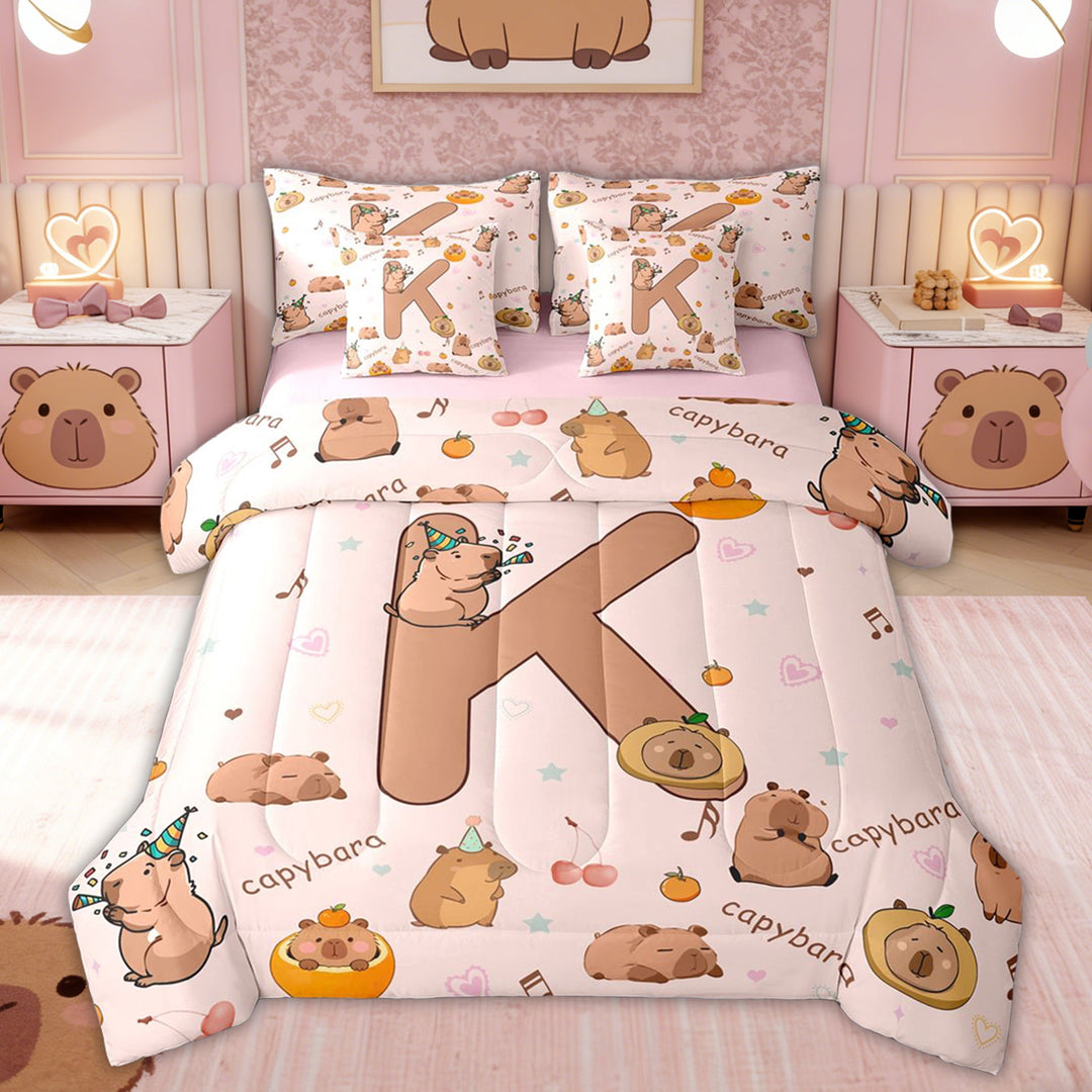 Erosebridal Cute Capybara for Kids Twin Bedding Sets, Cartoon K Letter Bedding Comforter Set, Pink Reversible, 7-Piece