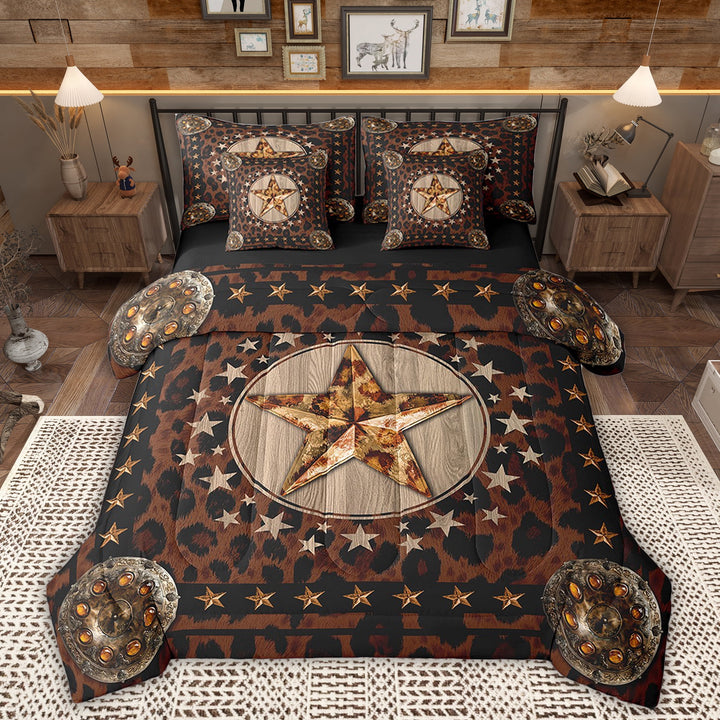 Manfei Texas Stars Bedding Twin Size, Leopard Print Bedding Sets Twin Size, Rustic Farmhouse Reversible Comforter Sets with Sheets, Lightweight Room Decoration, 7-Piece