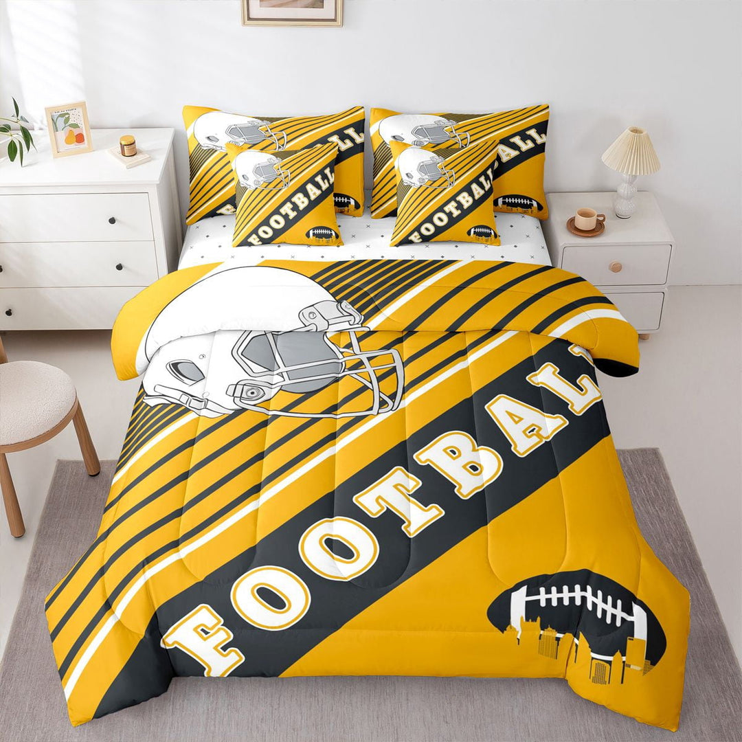 Cool Sports Themed Comforter Sets Twin Size, American Footbll Bedding Bed In A Bag(Comforter+Fitted+Flat Sheet+2 Pillowcases+2 Throw Pillow Covers) 7 Pieces Rugby Bed Set, Pittsburgh