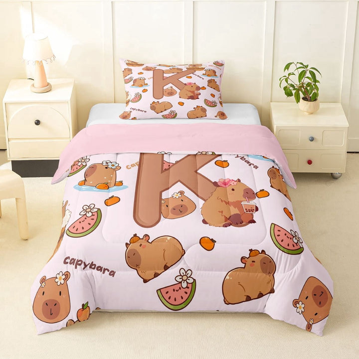 Erosebridal Cartoon Capybara K Letter Monogrammed Twin Comforter Sets 3-Piece For Kids Boys Girls,Cute Animal Funny Food Bedding Set,Pink Reversible
