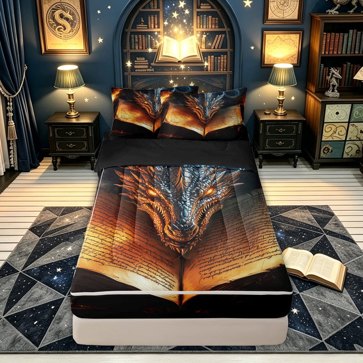 meiyoeat Ancient Magic Book Dragon Zipper Twin Comforter Sets with Fitted Sheet and 2 Pillowcases for Boys Girls Kids, Retro Gothic Animal Zipper Bedding Set, Orange Black, Black Reversible, 4pcs