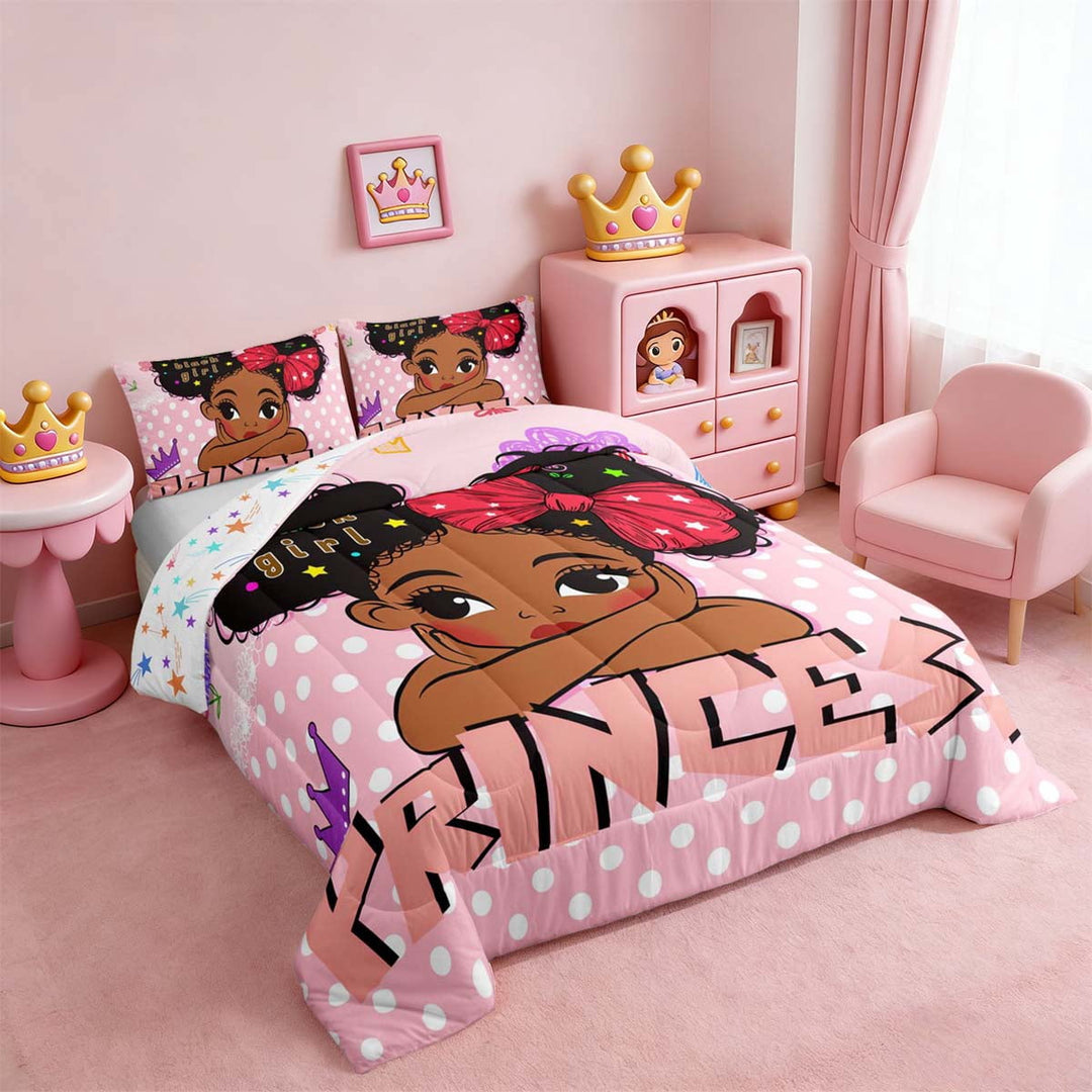 Kawaii Princess Comforter Set Full Black Magical Full Bedding, Lovely Polka Dots Bedding Comforter Sets Cute Melanin Duvet Set, American African Woman Quilted Comforter