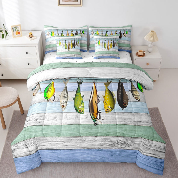 Colorful Fish Bed in a Bag Twin,Fish Hook Fishing 7 Piece Comforter Set Teens,Rustic Farmhouse Flat Fitted Sheet for Bedroom,Western Style Bedding Set Reversible