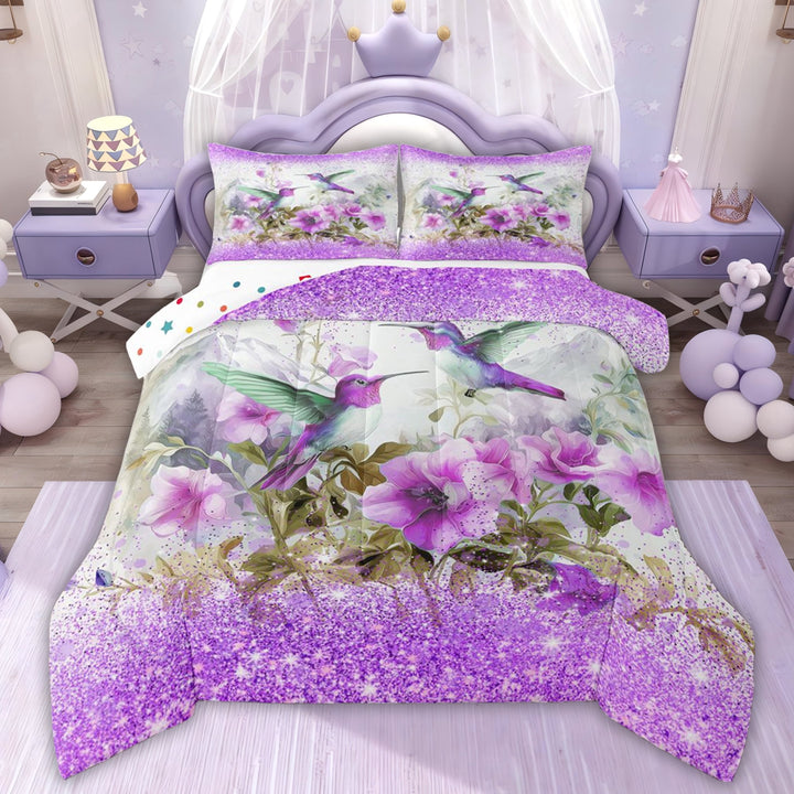 Erosebridal Rustic Hummingbird Queen Comforter Set, Purple Flower Bedding Comforter Set, 3-Piece