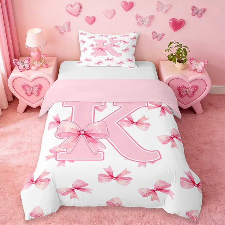 Erosebridal Cute Coquette Bowknot Twin Bedding,Girls Pink K Alphabet Duvet Cover Set For Bowtie Lovers 2 Pieces,No Comforter,Reversible