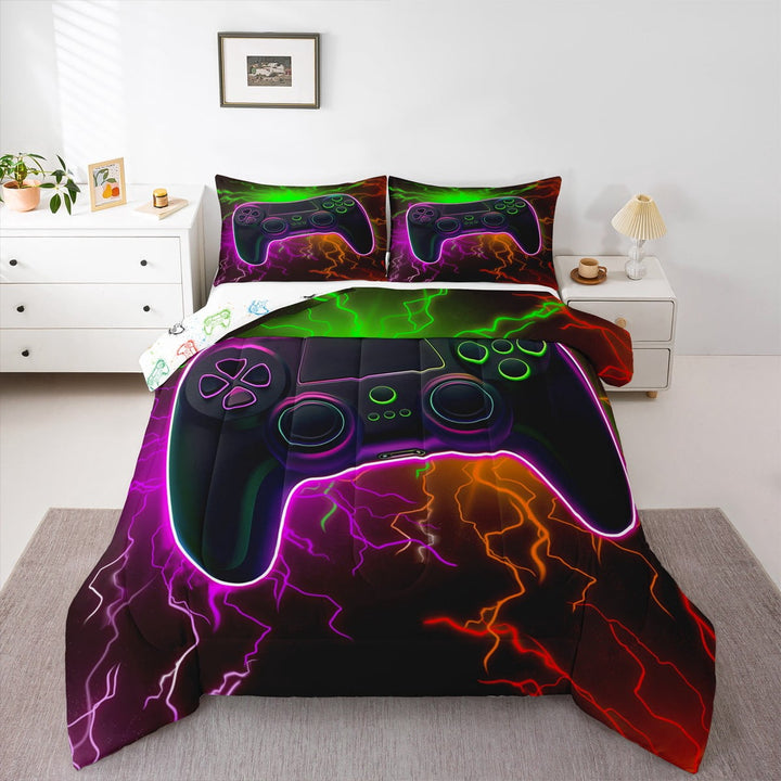 Gaming Full Size Comforter Sets - Gamer Comforter Full Size Bedding Set, Colorful Lightning Design Red Green Purple Gamer Room Decor