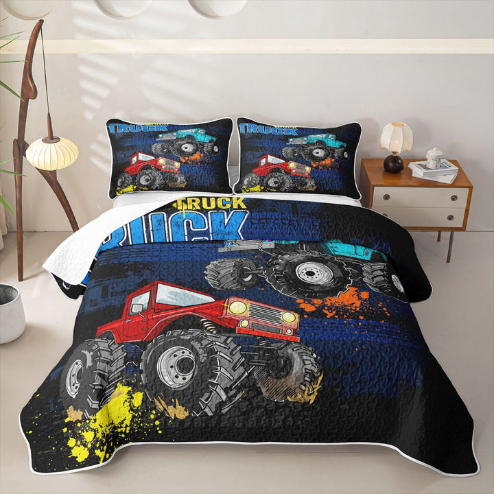 Manfei Monster Truck Twin Quilt Set,Extreme Sports Twin Coverlet Set,Red Blue,2 Pieces