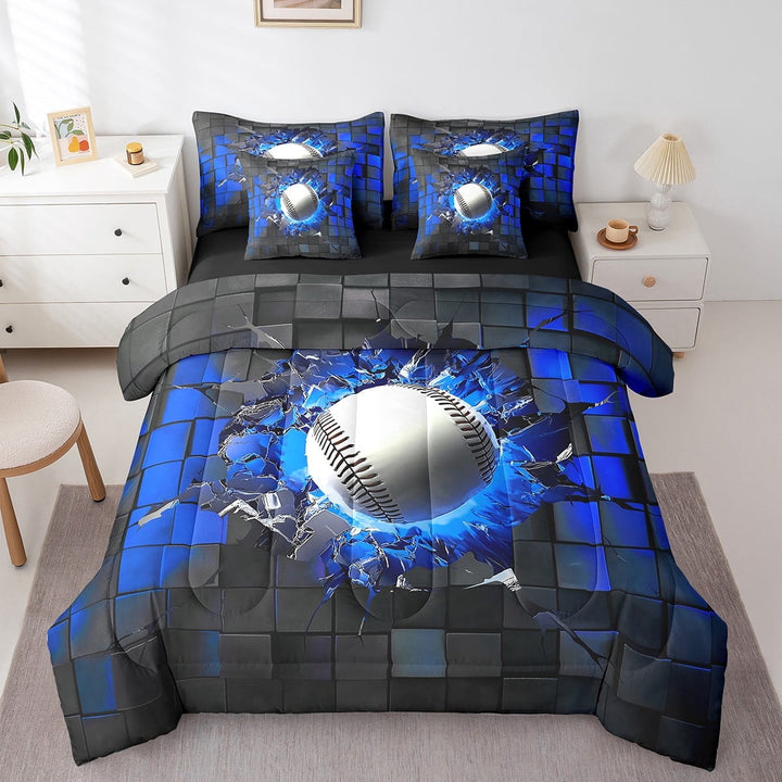 Erosebridal Baseball Bedding Sets Twin Size,Gradient Geometric Comforter Sets with Sheets,Blue Black,Reversible