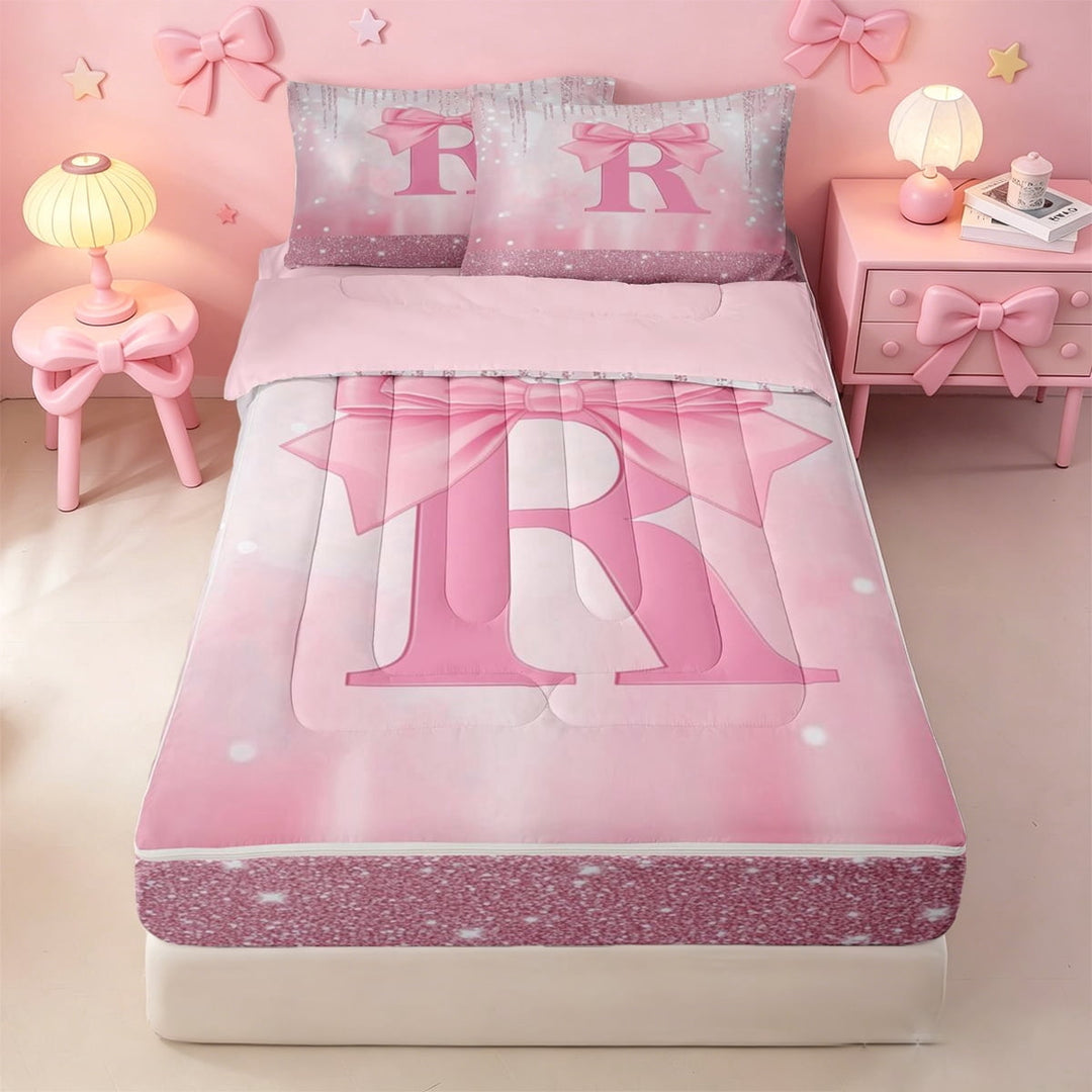meiyoeat Pink Cute Bowknot Zipper Twin Comforter Sets with Fitted Sheet and 2 Pillowcases For Girls,Chic Sparkling Print Monogrammed R Zipper Bedding Set For Kids,Pink Reversible,4-Piece
