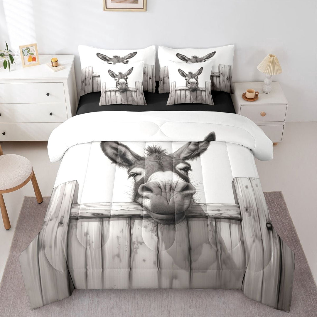 Erosebridal Donkey Peeking Fence Print Twin Bedding Sets, Farmhouse Decor Bedding Comforter Set for Kids Boys and Girls, Black Reversible 7-Piece