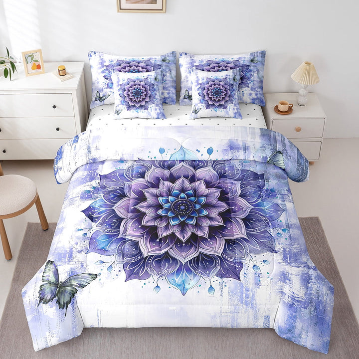 Watercolor Mandala Bed in a Bag 7-Piece Chic Flower Floral Bedding Set Women,Watercolor Oil Painting Queen Size Comforter Set Ombre Gradient Bedding Comforter Sets,Navy Blue Bed Set