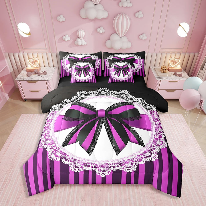 Erosebridal Purple Bow Tie Bedding Sets Twin Size, Abstract Geomrtry Comforter Sets with Sheets, Princess Style Decor, Reversible