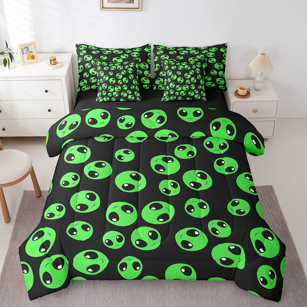 Erosebridal 7 Piece Trippy Alien Bed in a Bag Twin Green Alien Sheet Set,Modern Psychedelic UFO Bed Set Women Abstract Bedding Set with Comforter Botanical Cushion Covers