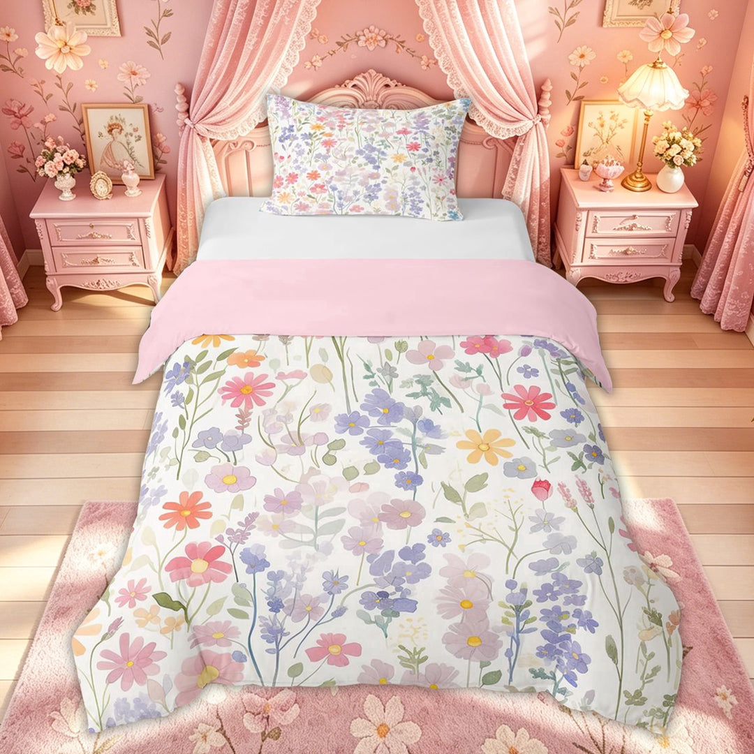 meiyoeat Watercolor Wildflower Bedding for Kids Girls, Pastel Botanical Floral Duvet Cover Full, Multicolor White, Pink Reversible, 3-Piece