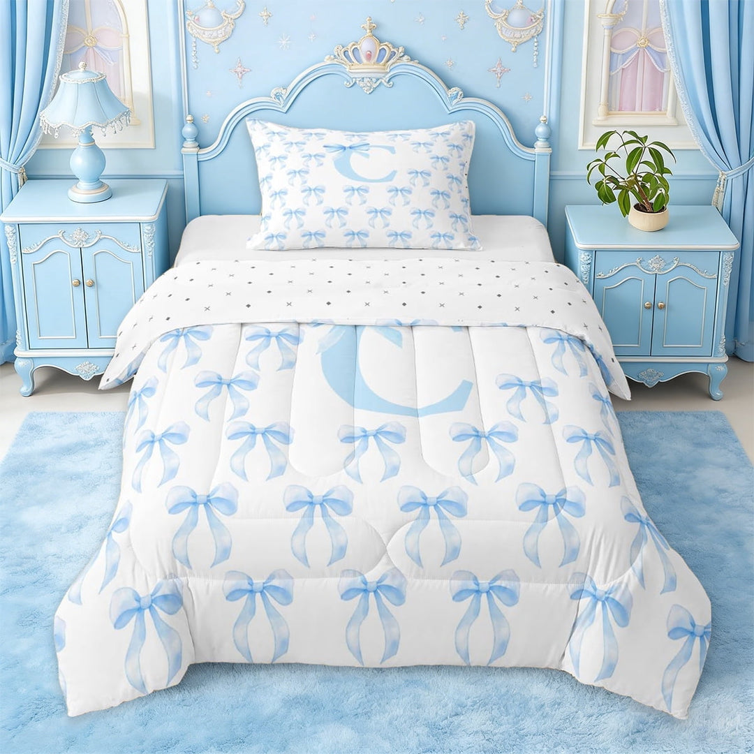 Erosebridal Blue Princess Bow Twin Comforter Sets For Teen Girls,Cartoon Letter C Monogrammed Bedding Set,Reversible,2-Piece