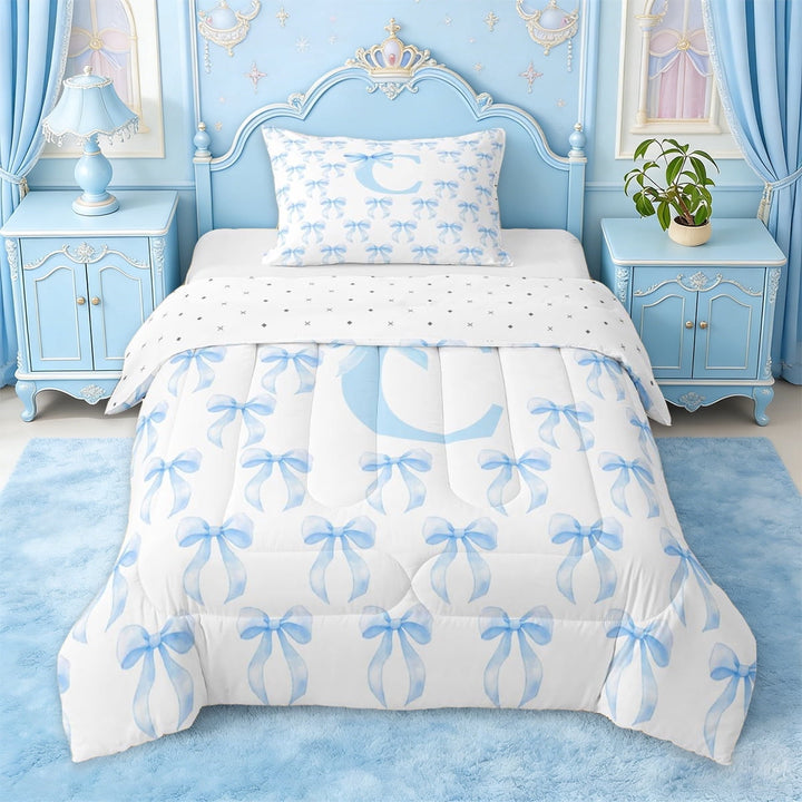 Erosebridal Blue Princess Bow Twin Comforter Sets For Teen Girls,Cartoon Letter C Monogrammed Bedding Set,Reversible,2-Piece