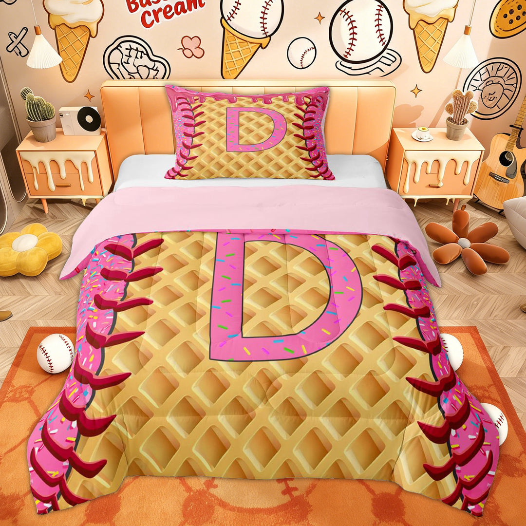Erosebridal Pink Initial D Twin Comforter Sets for Kids, Ice Cream Drip Bedding Set, 2 Pieces
