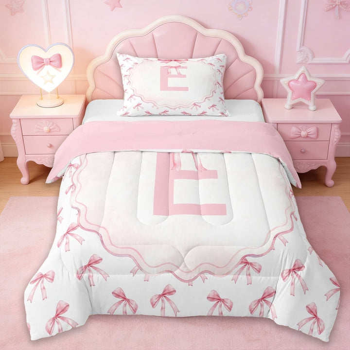 Erosebridal Initial Alphabet E Twin Comforter Sets,Cute Coquette Bows Bedding Set For Kids Girls,Reversible pink,2pcs