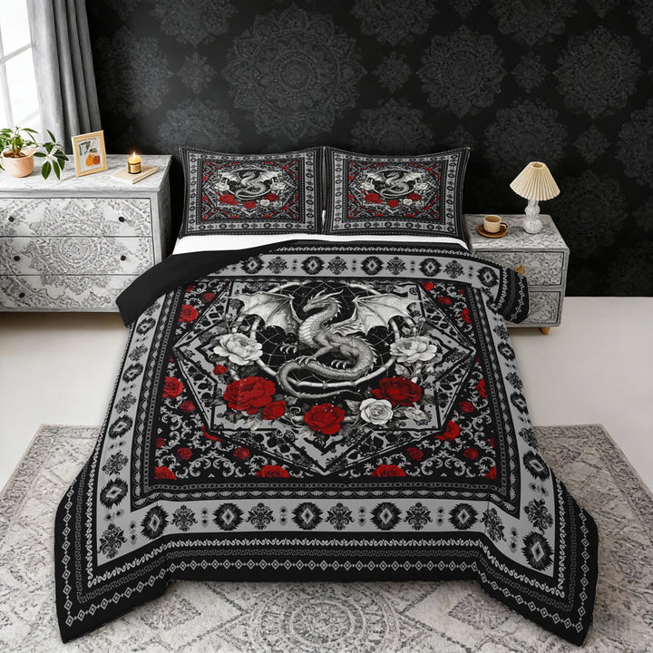 Erosebridal Vintage Dragon Queen Comforter Set, Bohemian Aztec Mandala Bedding Comforter Set, Black Gray Red, Black Reversible 3 Pieces, 1 Comforter and 2 Pillowcases