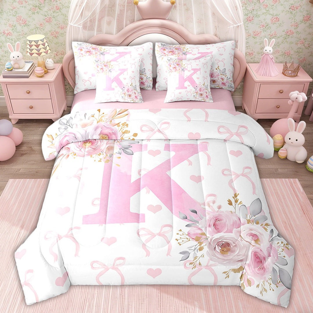 Erosebridal Pink Rose Bed in a Bag Twin size for Girl, Initial K Letter Bed Set, Cartoon Decor, Pink Reversible 7-Piece